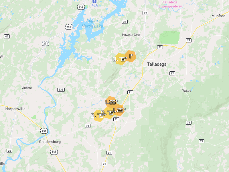 Hail map of Alpine, AL on Jun 1, 2026, hail up to 1.25"