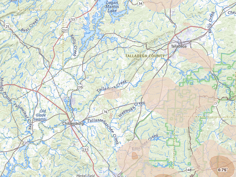 Radar-estimated hail-size map of the storm over Alpine, AL on Jul 1, 2026