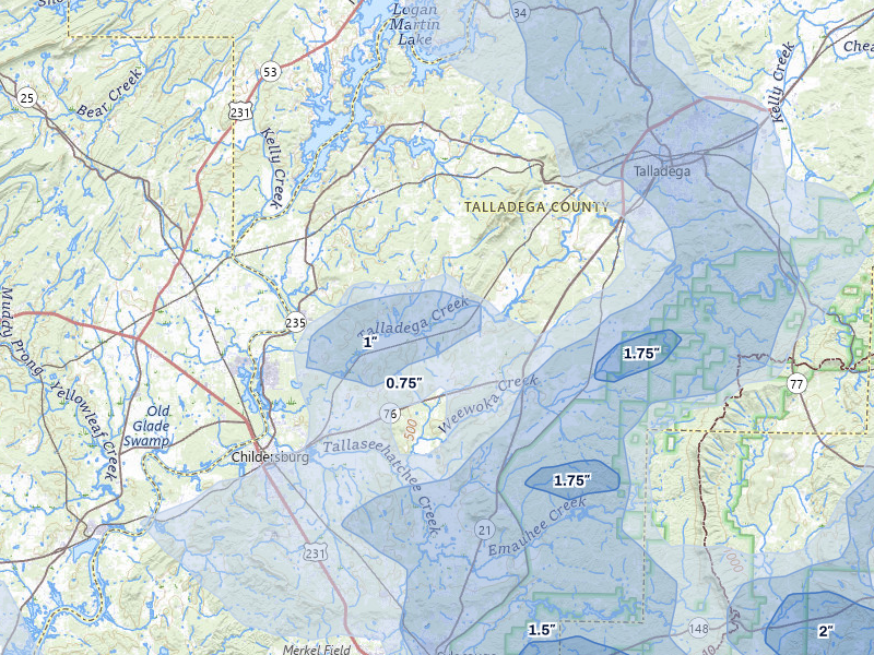 NEXRAD radar-signature map of the hail storm over Alpine, AL on Jul 1, 2026