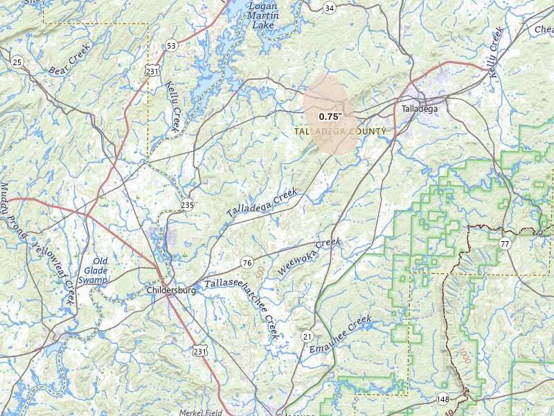 Radar-estimated hail-size map of the storm over Alpine, AL on Jul 26, 2026