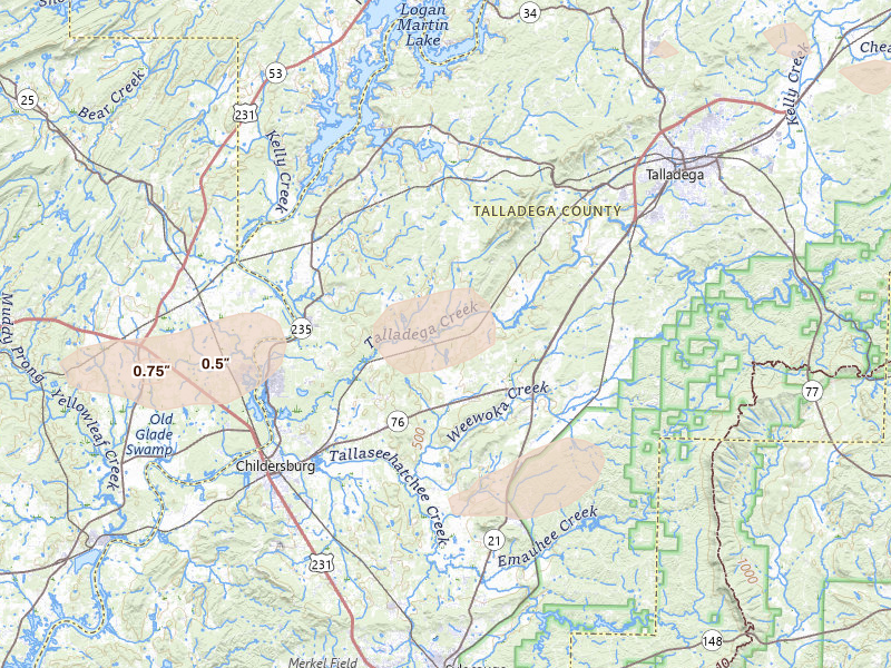 Radar-estimated hail-size map of the storm over Alpine, AL on Aug 1, 2026