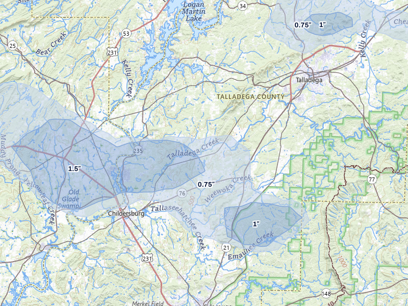 NEXRAD radar-signature map of the hail storm over Alpine, AL on Aug 1, 2026