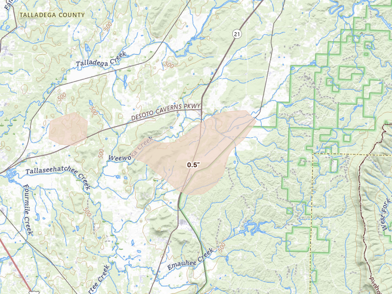Radar-estimated hail-size map of the storm over Alpine, AL on Aug 10, 2026
