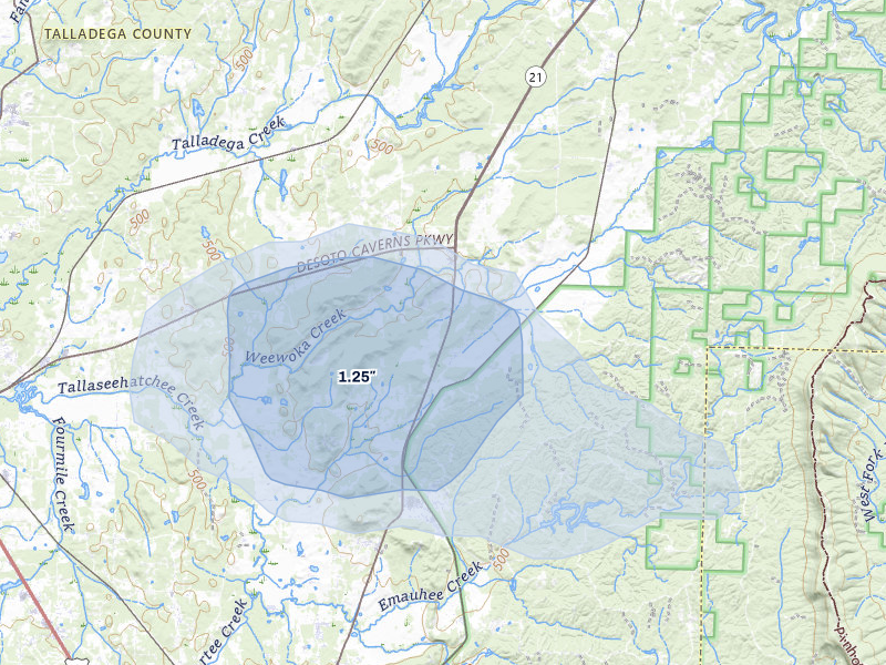 NEXRAD radar-signature map of the hail storm over Alpine, AL on Aug 10, 2026
