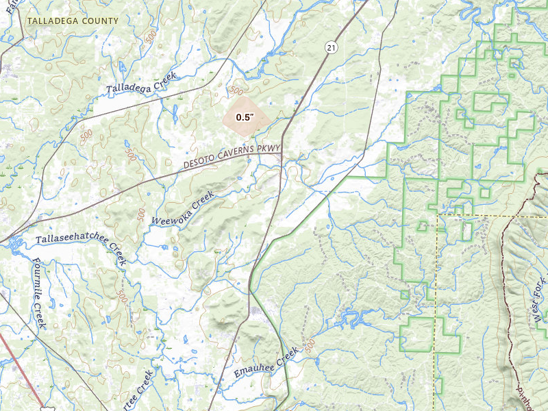 Radar-estimated hail-size map of the storm over Alpine, AL on Aug 29, 2026