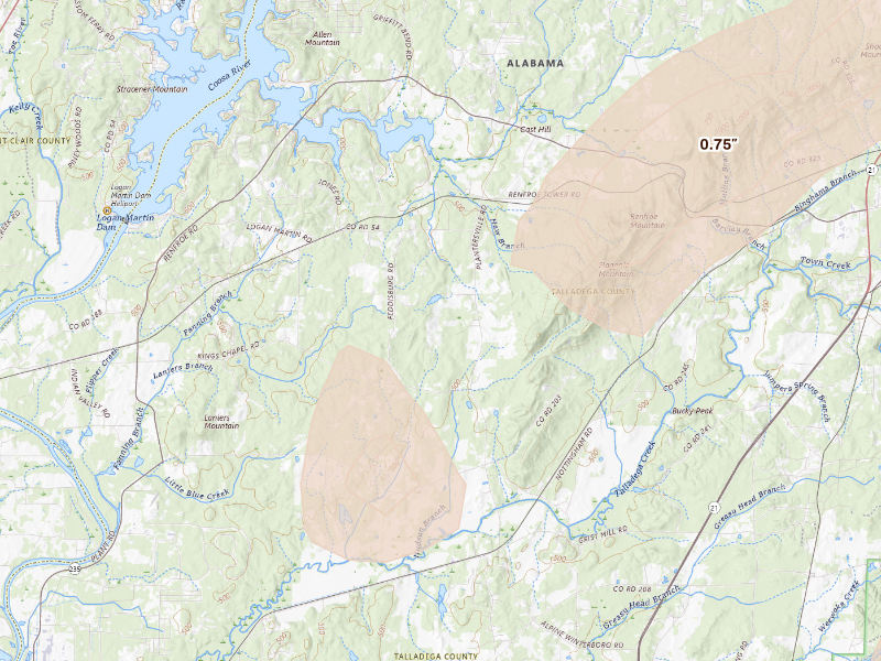 Radar-estimated hail-size map of the storm over Alpine, AL