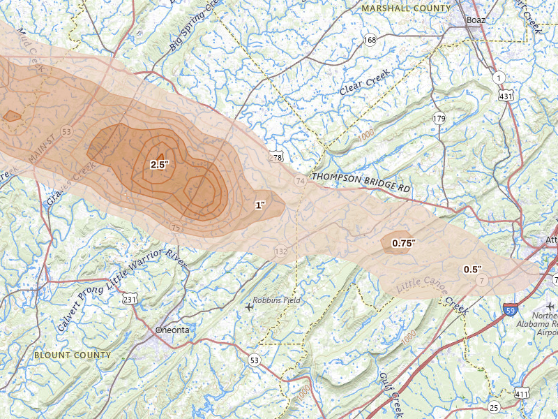 Radar-estimated hail-size map of the storm over Altoona, AL on Feb 26, 2026