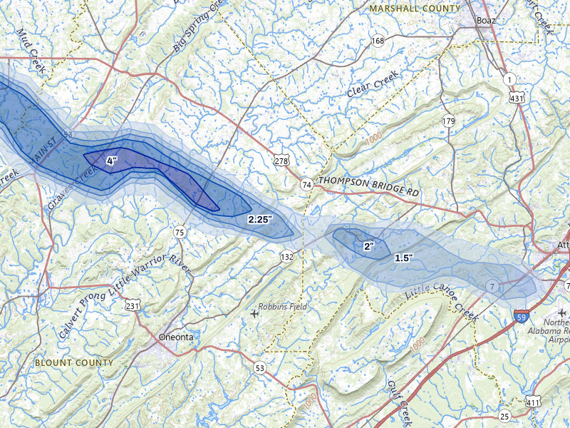 NEXRAD radar-signature map of the hail over Altoona, AL