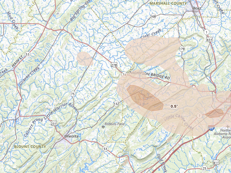 Radar-estimated hail-size map of the storm over Altoona, AL on Jun 1, 2026