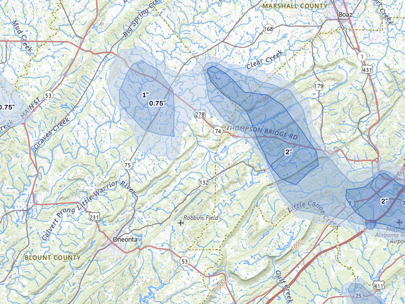 NEXRAD radar-signature map of the hail over Altoona, AL