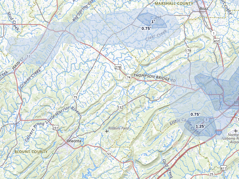 NEXRAD radar-signature map of the hail over Altoona, AL