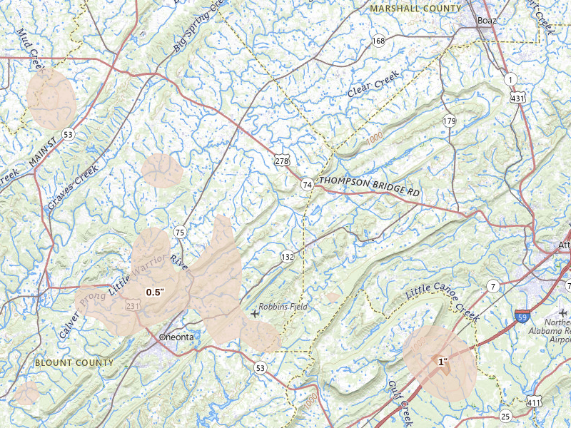 Radar-estimated hail-size map of the storm over Altoona, AL on Jul 3, 2026
