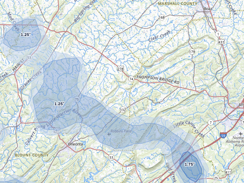 NEXRAD radar-signature map of the hail over Altoona, AL