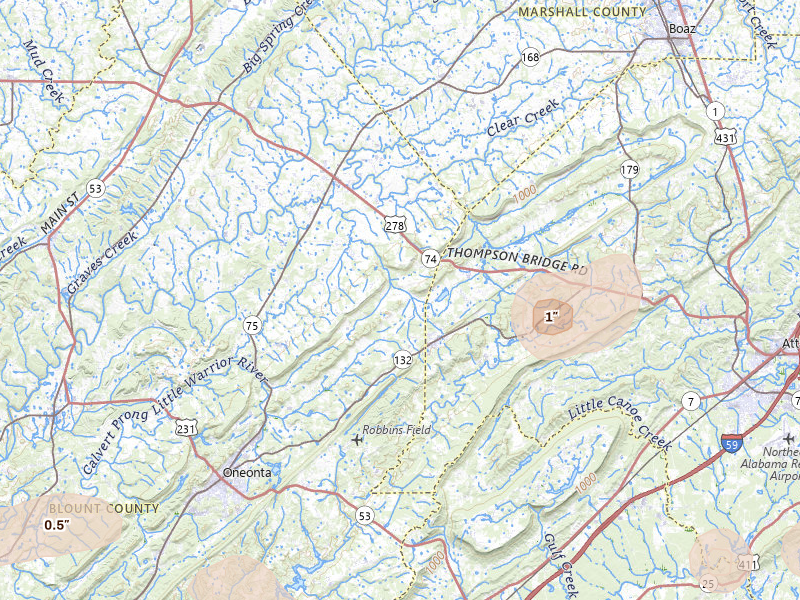 Radar-estimated hail-size map of the storm over Altoona, AL on Jul 5, 2026