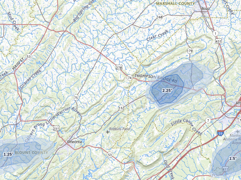 NEXRAD radar-signature map of the hail over Altoona, AL
