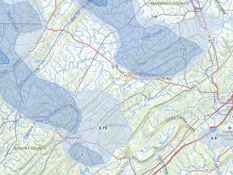NEXRAD radar-signature map of the hail storm over Altoona, AL on Aug 20, 2026