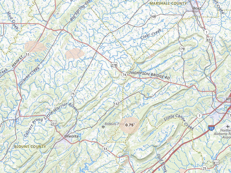 Radar-estimated hail-size map of the storm over Altoona, AL on Sep 3, 2026