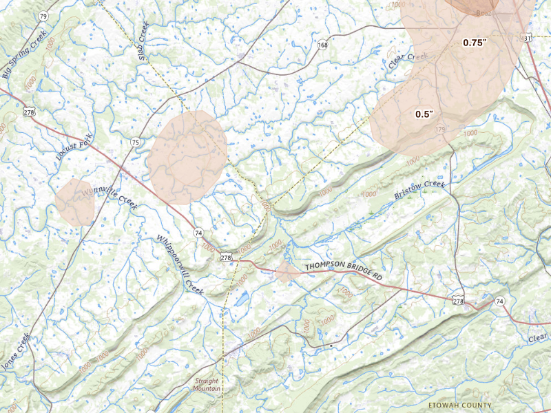 Radar-estimated hail-size map of the storm over Altoona, AL