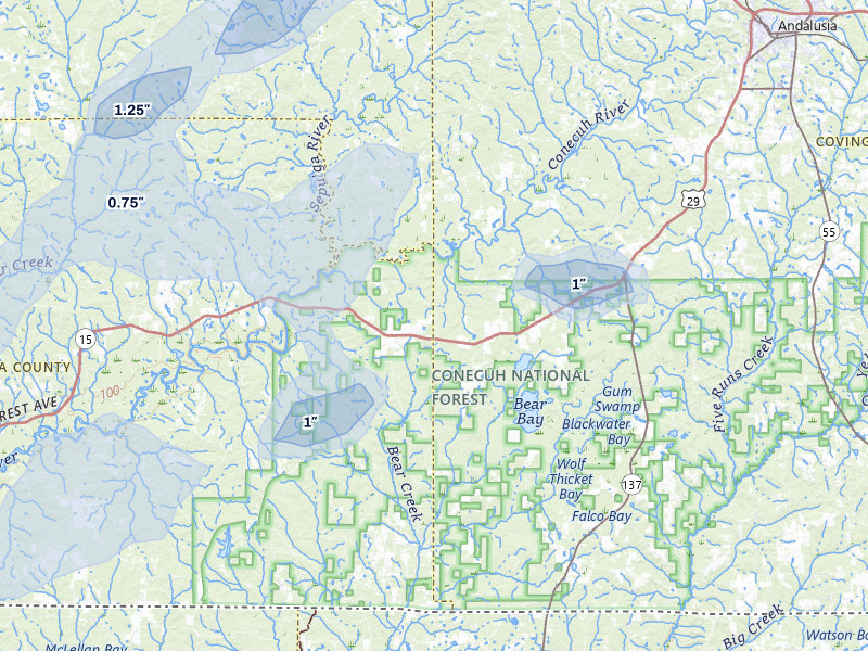 NEXRAD radar-signature map of the hail over Andalusia, AL