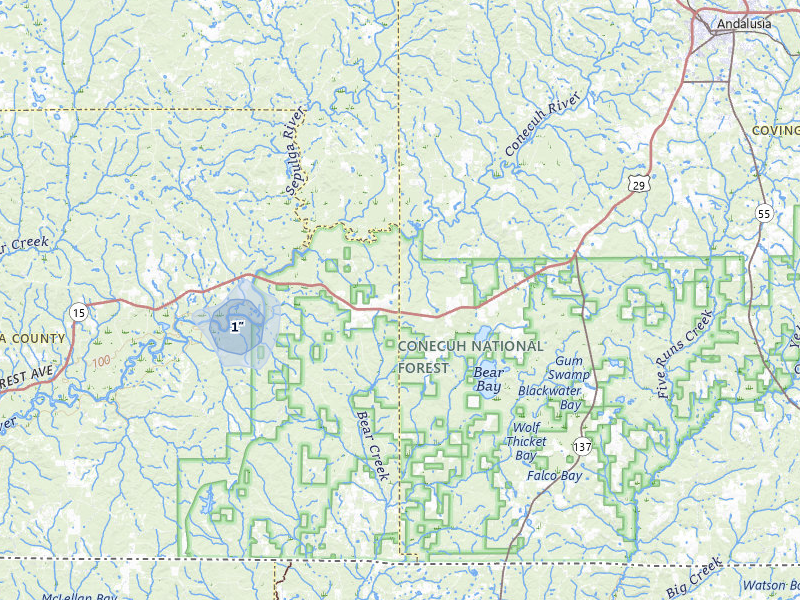 NEXRAD radar-signature map of the hail over Andalusia, AL