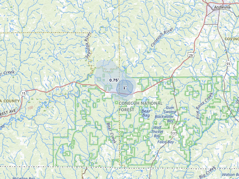 NEXRAD radar-signature map of the hail storm over Andalusia, AL on Jun 1, 2026