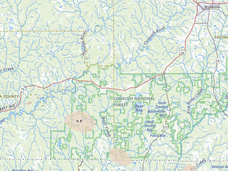 Radar-estimated hail-size map of the storm over Andalusia, AL on Jun 19, 2026