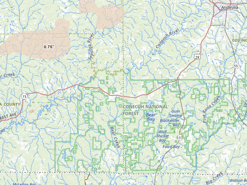 Radar-estimated hail-size map of the storm over Andalusia, AL on Jul 10, 2026