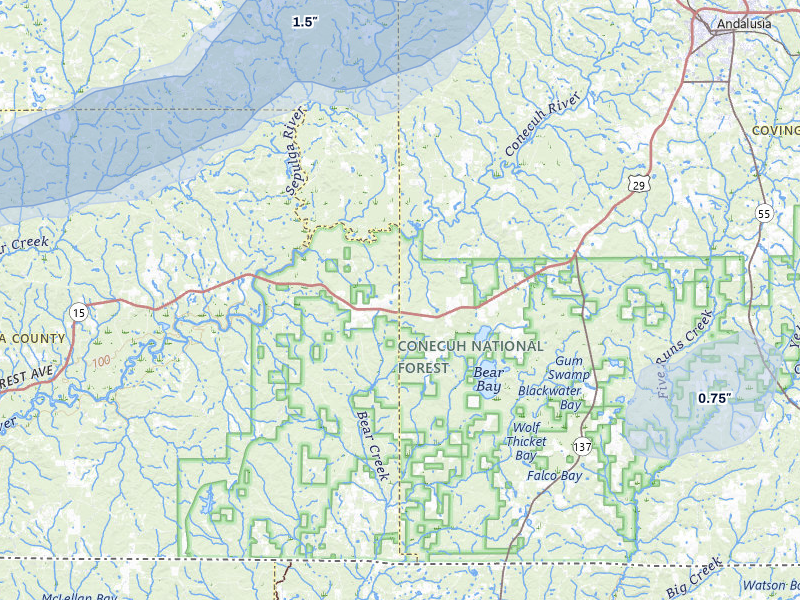 NEXRAD radar-signature map of the hail storm over Andalusia, AL on Jul 10, 2026