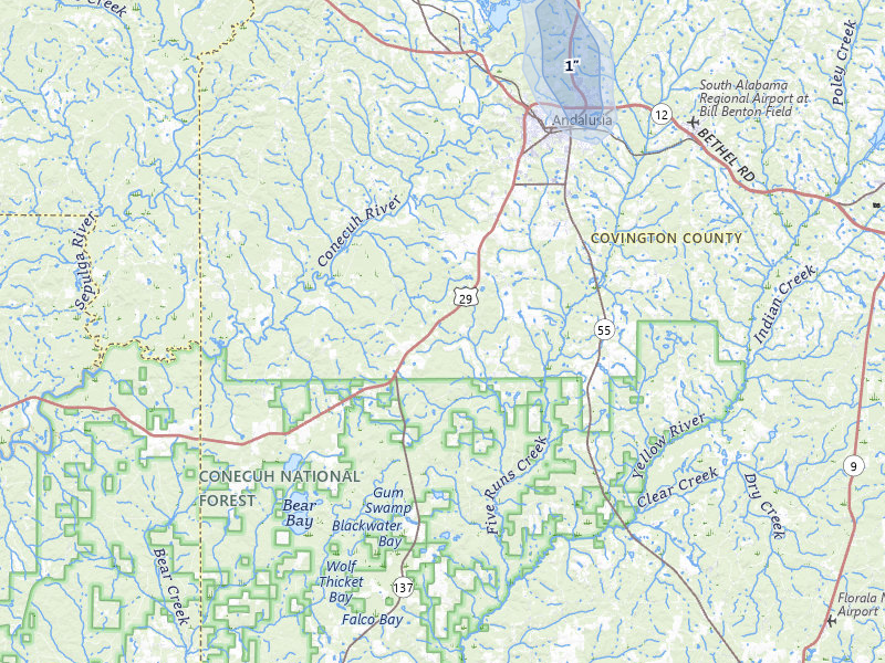 NEXRAD radar-signature map of the hail storm over Andalusia, AL on Aug 15, 2026