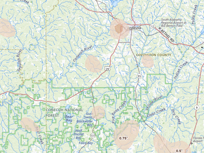 Radar-estimated hail-size map of the storm over Andalusia, AL on Aug 21, 2026