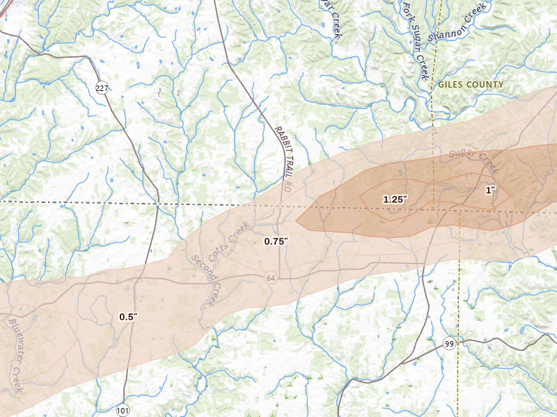Radar-estimated hail-size map of the storm over Anderson, AL on Feb 26, 2026