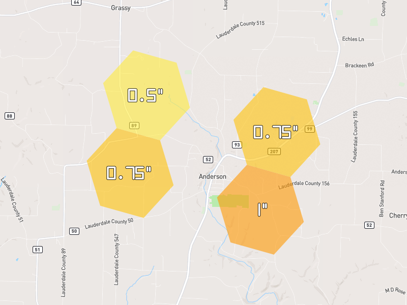Hail map of Anderson, AL on Jul 1, 2026, hail up to 1"