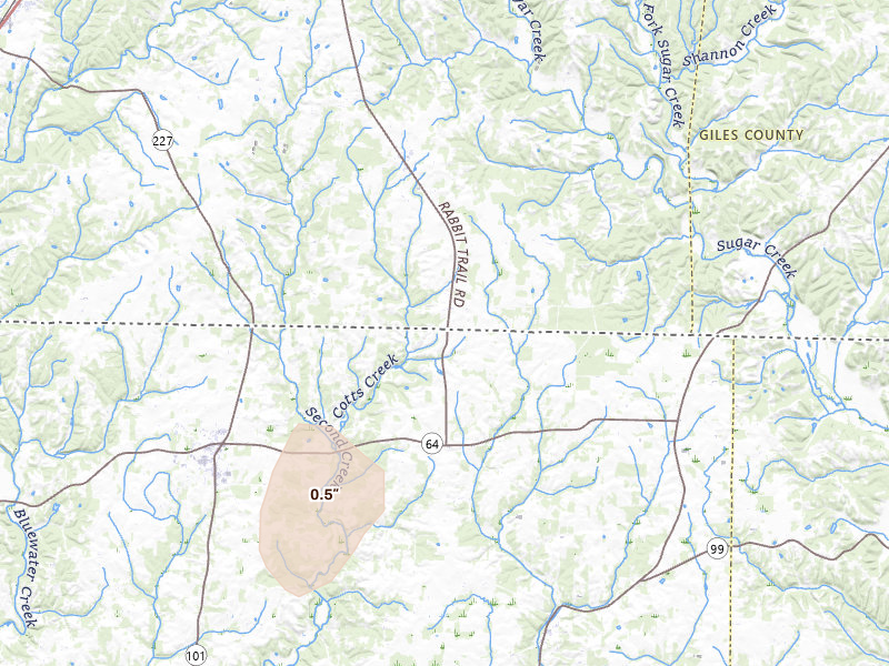 Radar-estimated hail-size map of the storm over Anderson, AL on Jul 17, 2026