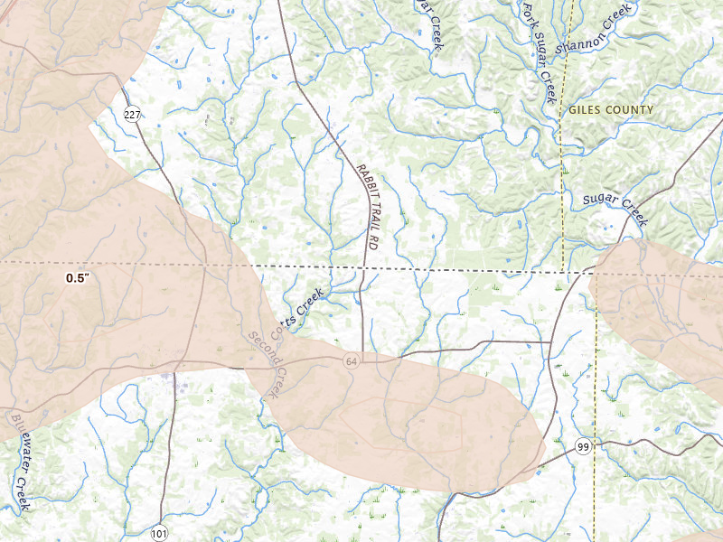 Radar-estimated hail-size map of the storm over Anderson, AL on Aug 20, 2026