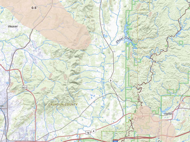 Radar-estimated hail-size map of the storm over Anniston, AL on Jun 1, 2026