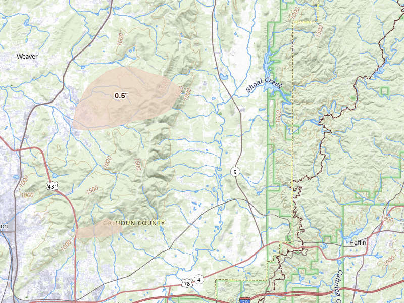 Radar-estimated hail-size map of the storm over Anniston, AL on Jul 1, 2026