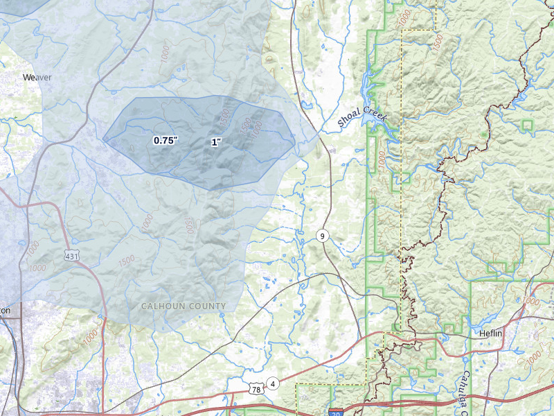 NEXRAD radar-signature map of the hail storm over Anniston, AL on Jul 1, 2026