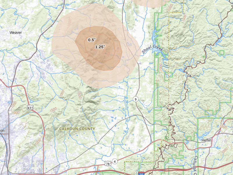 Radar-estimated hail-size map of the storm over Anniston, AL on Jul 2, 2026