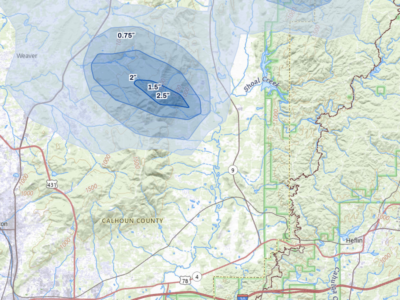 NEXRAD radar-signature map of the hail over Anniston, AL