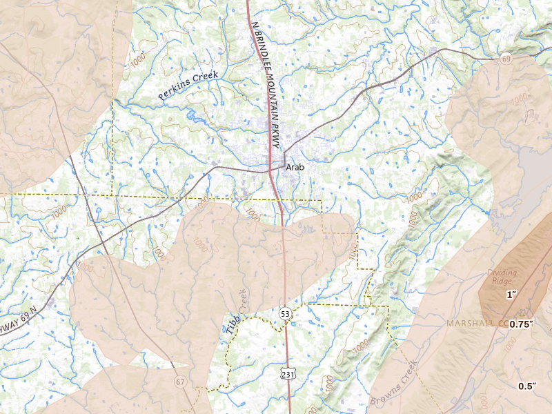 Radar-estimated hail-size map of the storm over Arab, AL on Aug 20, 2026
