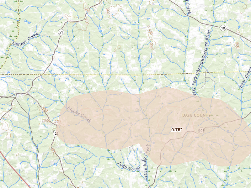 Radar-estimated hail-size map of the storm over Ariton, AL on Feb 21, 2026