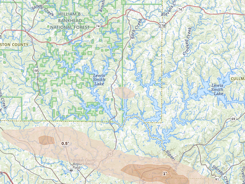 Radar-estimated hail-size map of the storm over Arley, AL on Feb 26, 2026