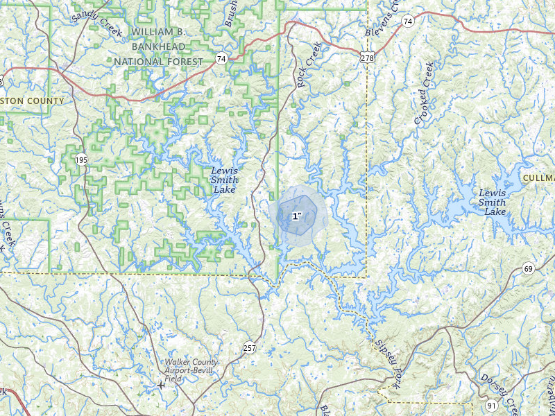 NEXRAD radar-signature map of the hail over Arley, AL
