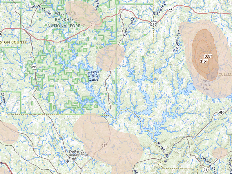 Radar-estimated hail-size map of the storm over Arley, AL on Jun 1, 2026