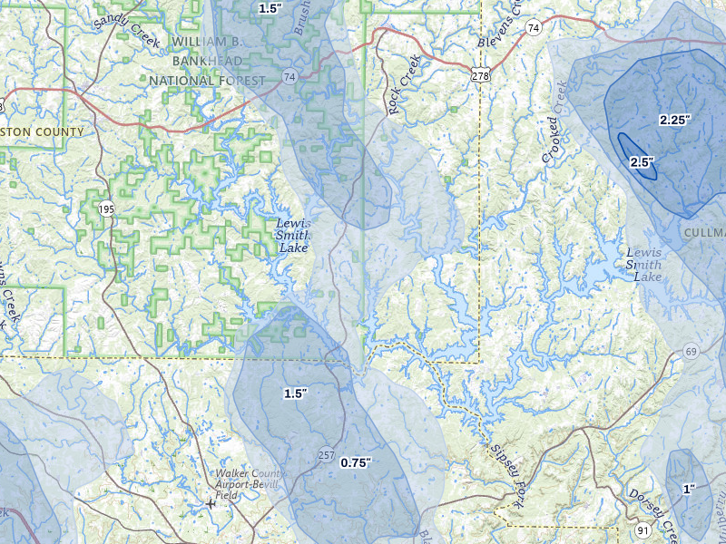 NEXRAD radar-signature map of the hail over Arley, AL