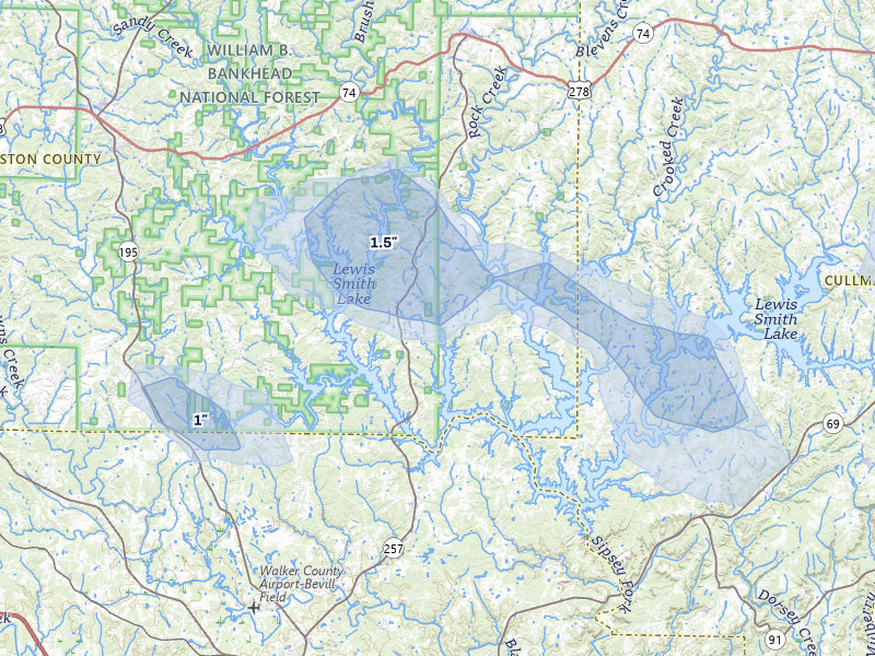 NEXRAD radar-signature map of the hail storm over Arley, AL on Jul 3, 2026