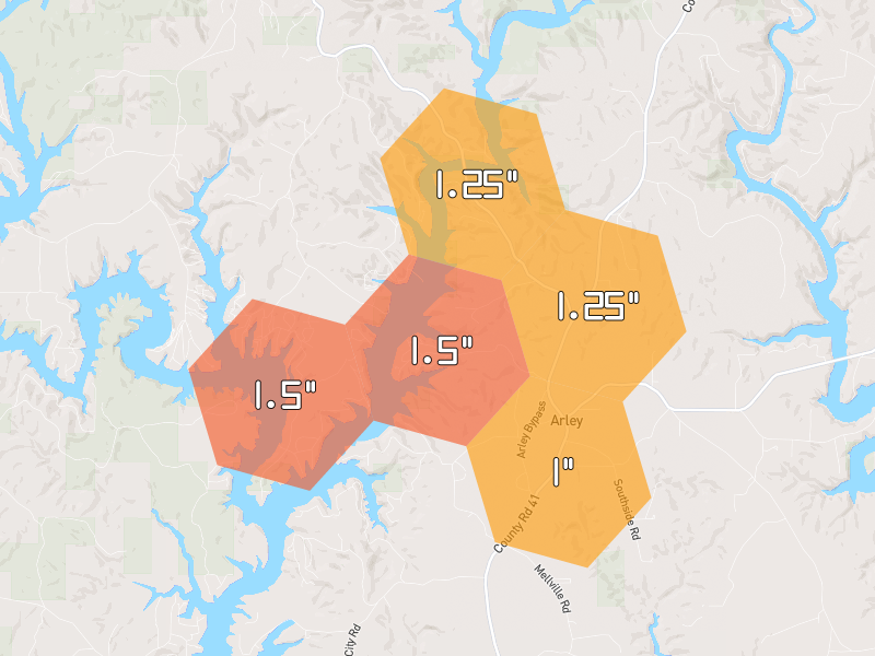 Hail map of Arley, AL on Jul 3, 2026, hail up to 1.5"