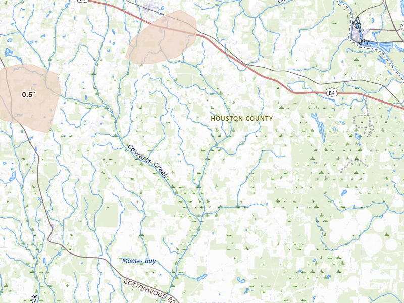 Radar-estimated hail-size map of the storm over Ashford, AL on Mar 7, 2026