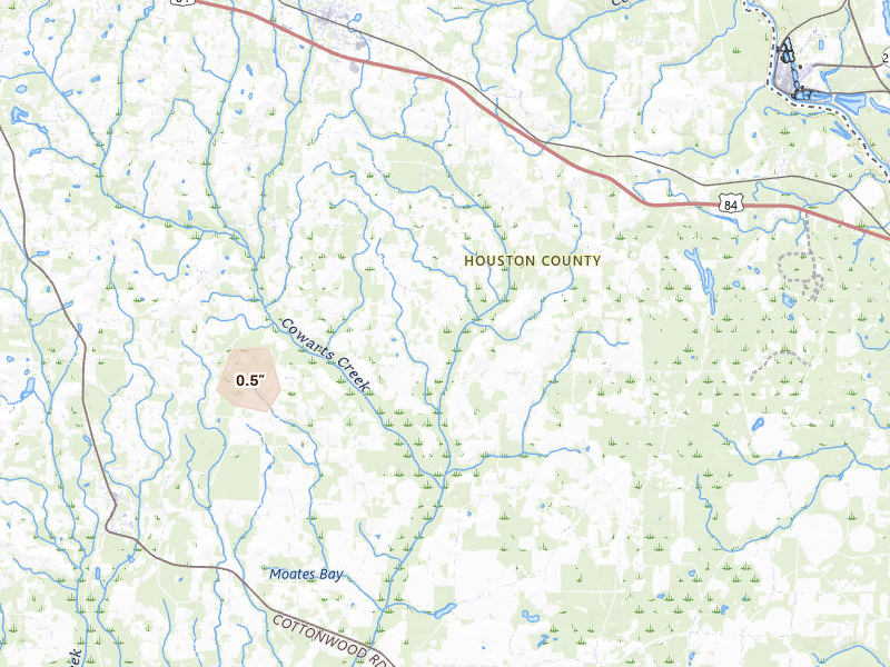Radar-estimated hail-size map of the storm over Ashford, AL on Jul 30, 2026