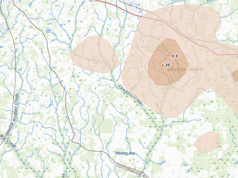 Radar-estimated hail-size map of the storm over Ashford, AL on Aug 12, 2026